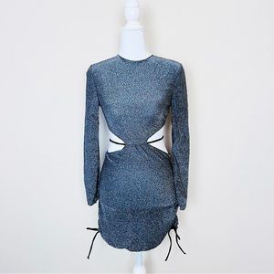 Grey Silver Shimmer & Black Long Sleeve Strappy Cut Out Mesh Ruched Mini Dress